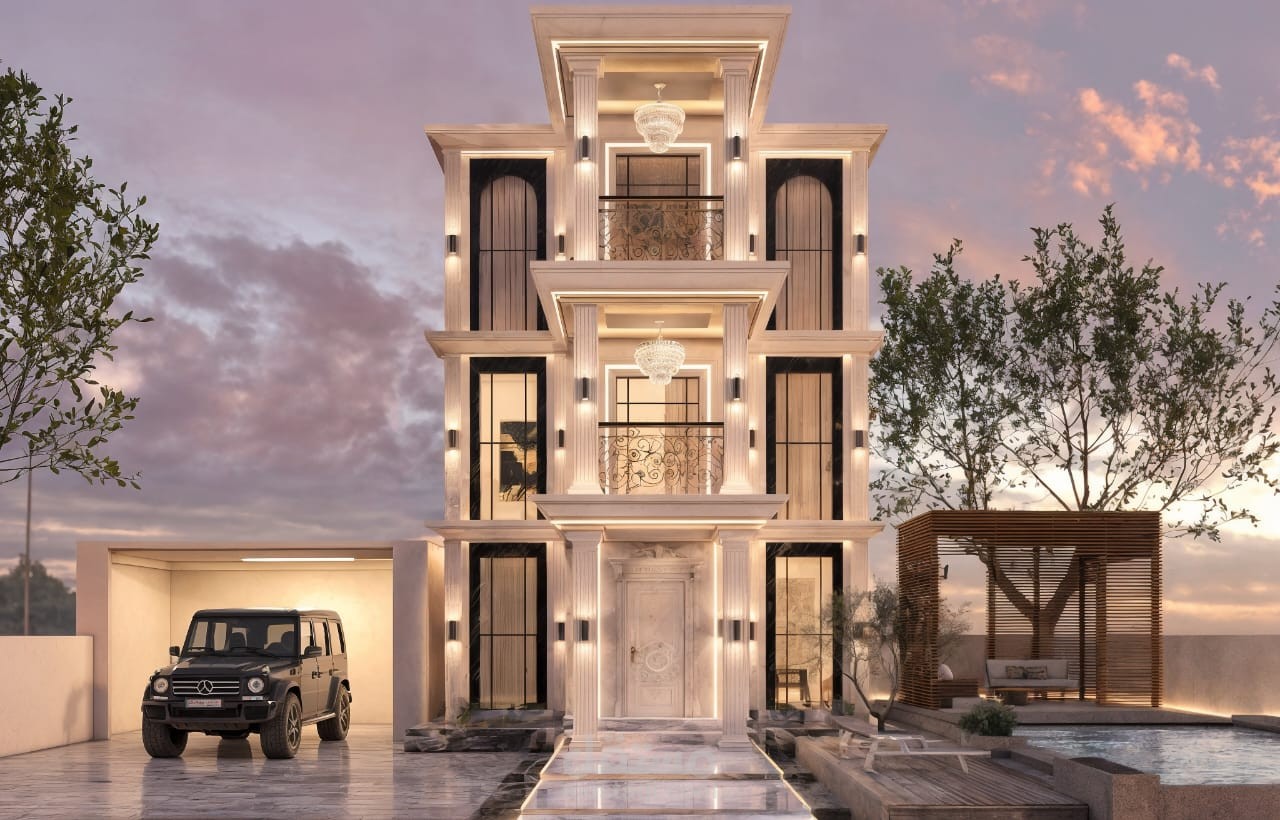 تصميم خارجي لفيلا فاخرة على الطراز الكلاسيكي الحديث