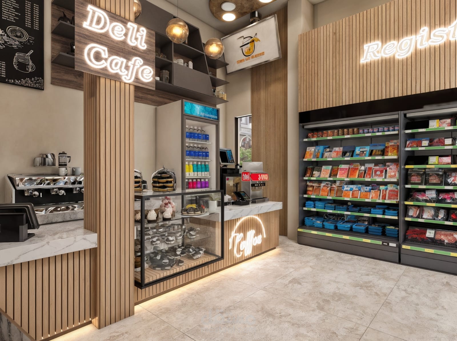 تصميم داخلي لركن مقهى داخل سوبرماركت