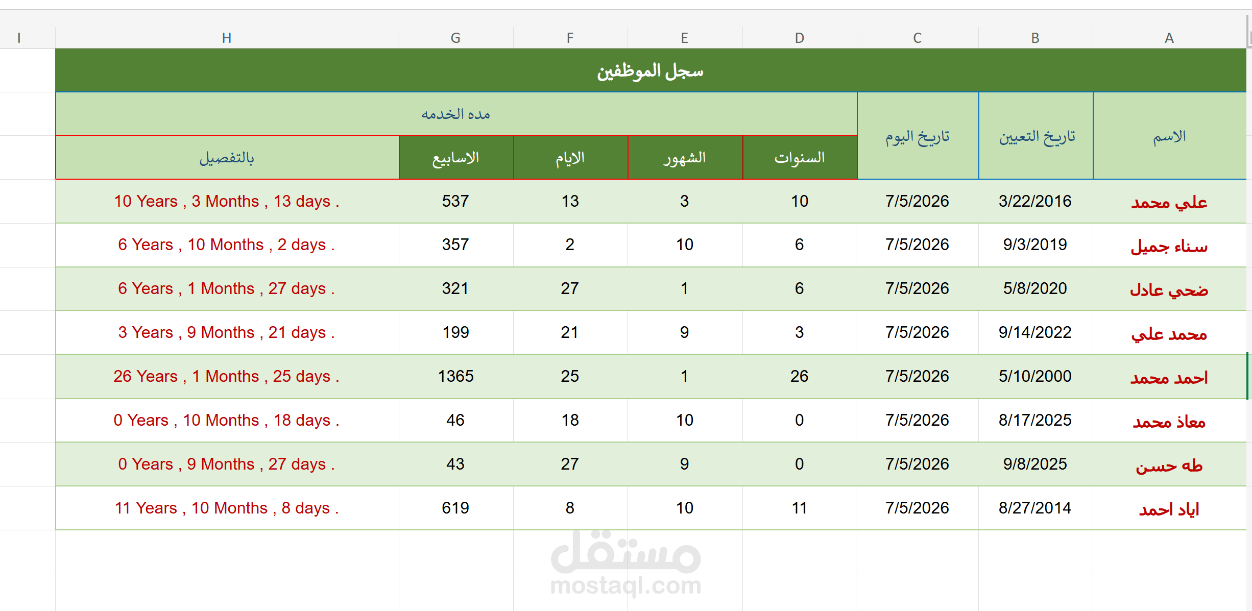 سجل موظفين ذكي لحساب مده الخدمه تلقائيا عبر اكسيل