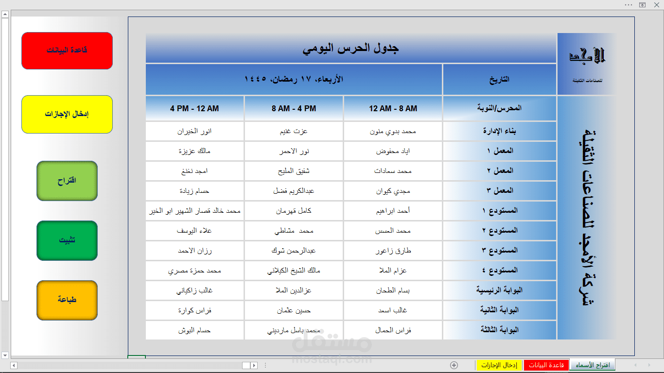 جدول مناوبة مؤتمت للحرس في منشأة صناعية