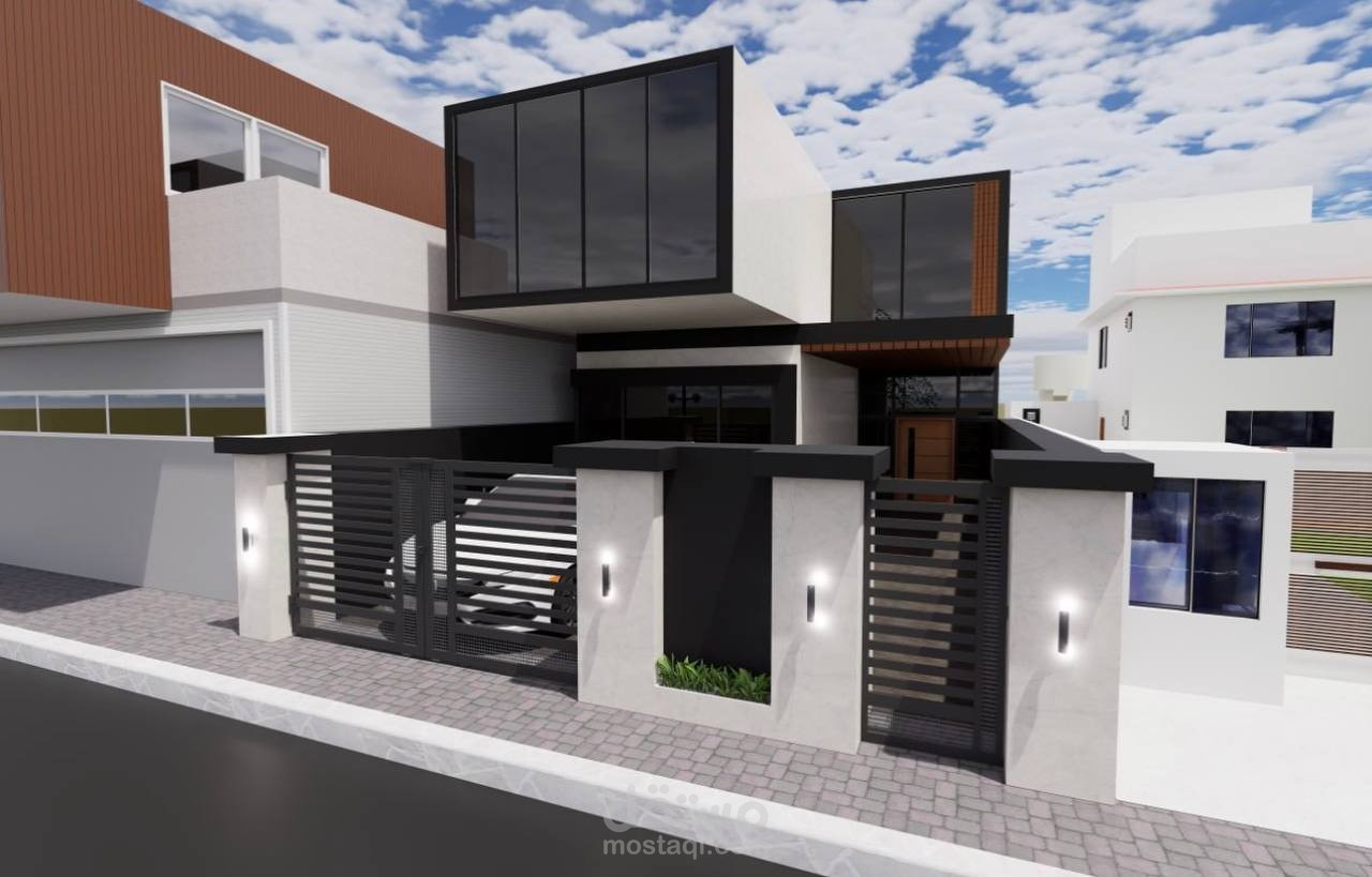تصميم واجهة نيو مودرن (Neo-Modern) لبيت سكني | إضاءة طبيعية وإخراج واقعي