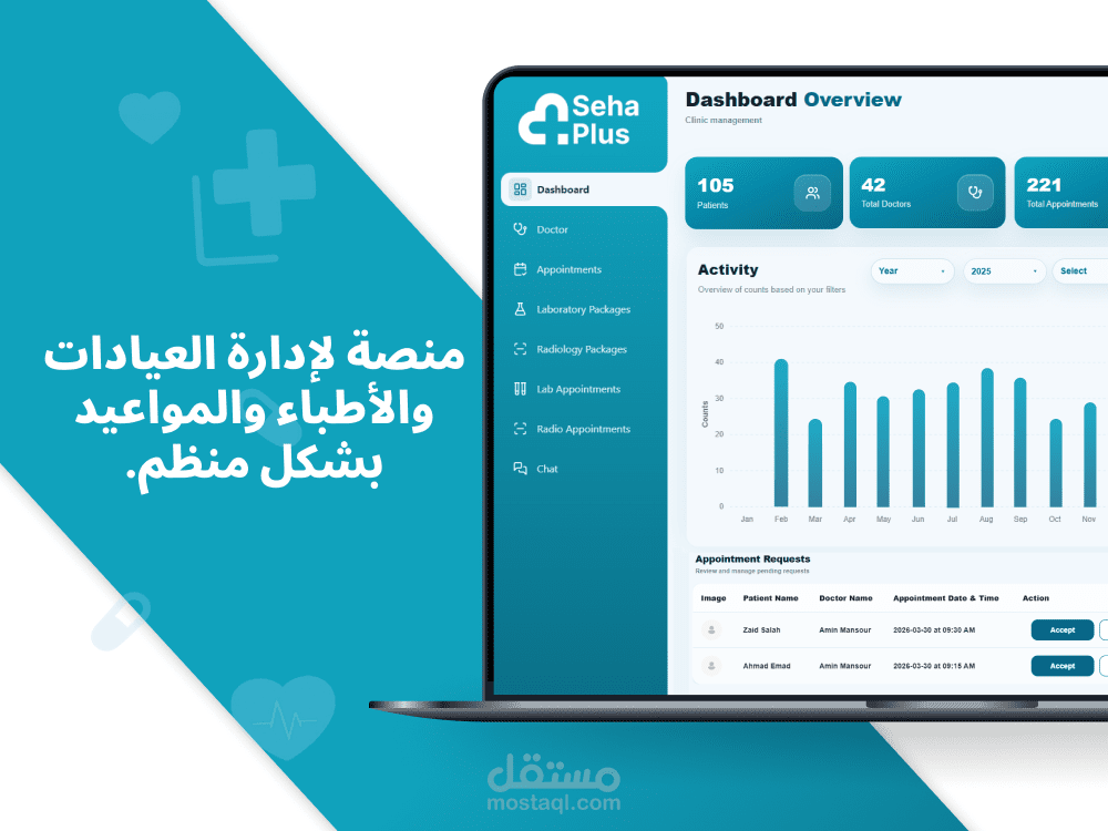 نظام إدارة العيادات ولوحة تحكم متكاملة | Full Stack (React و Node.js)