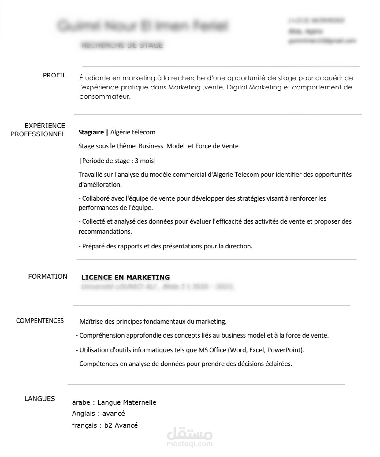 cv stage /travail