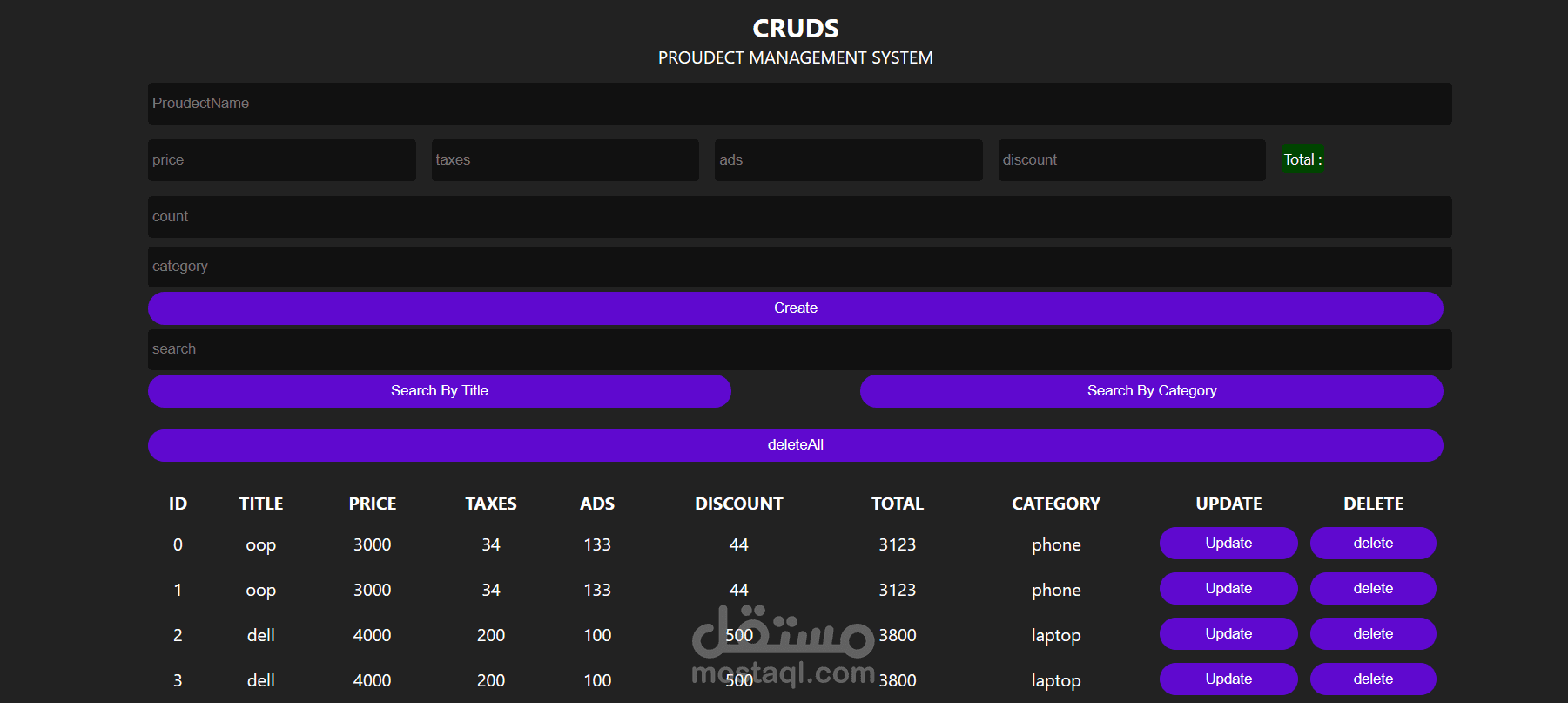 برنامج لاداره المنتجات باستخدام ال Javascript