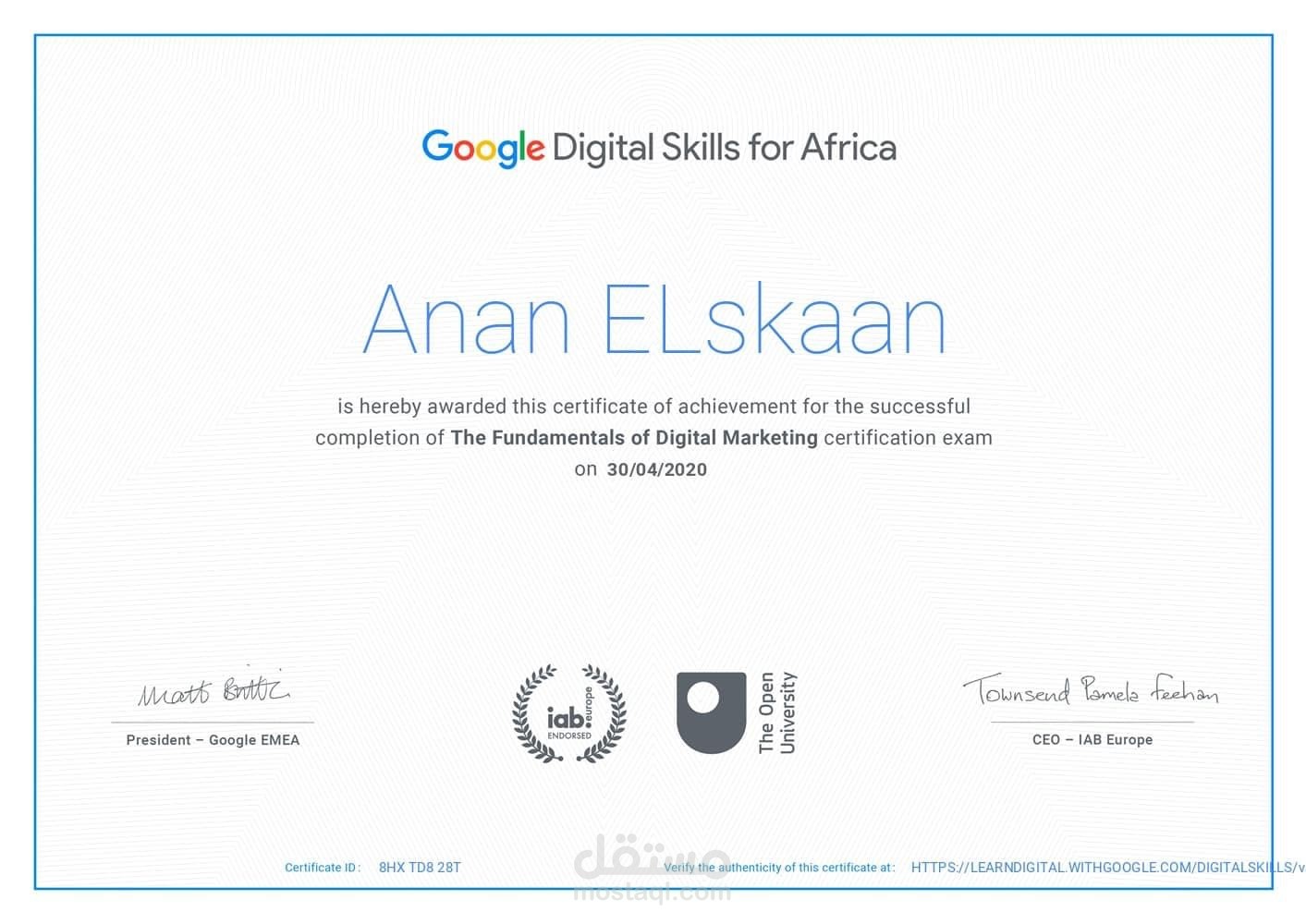 certified from "The Fundamentals of Digital Marketing"