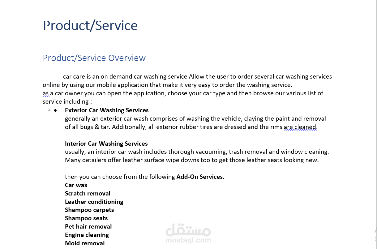Business plan for On demand car washing service