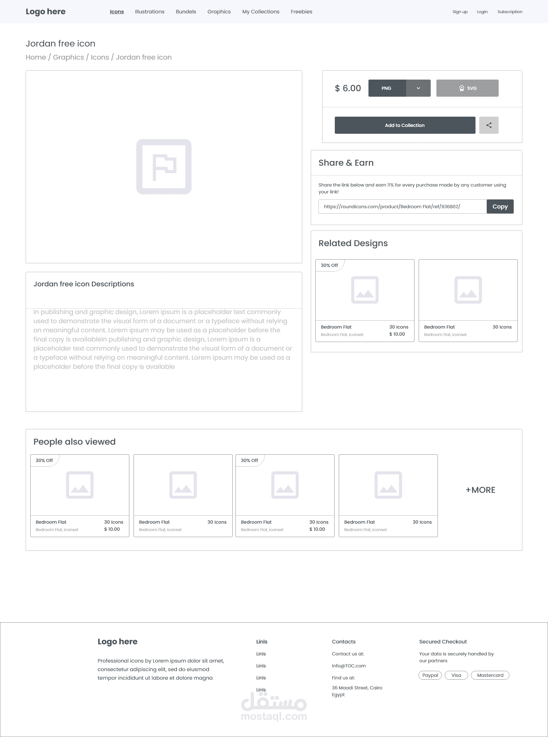 UI design and Wireframing for Icon Store