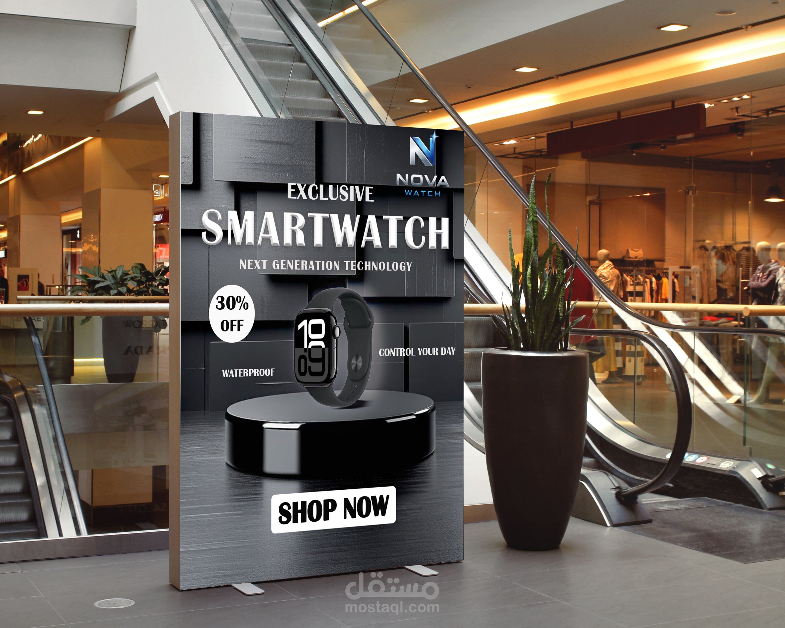 تصميم وعرض إعلاني احترافي لساعة NOVA الذكية داخل مول تجاري