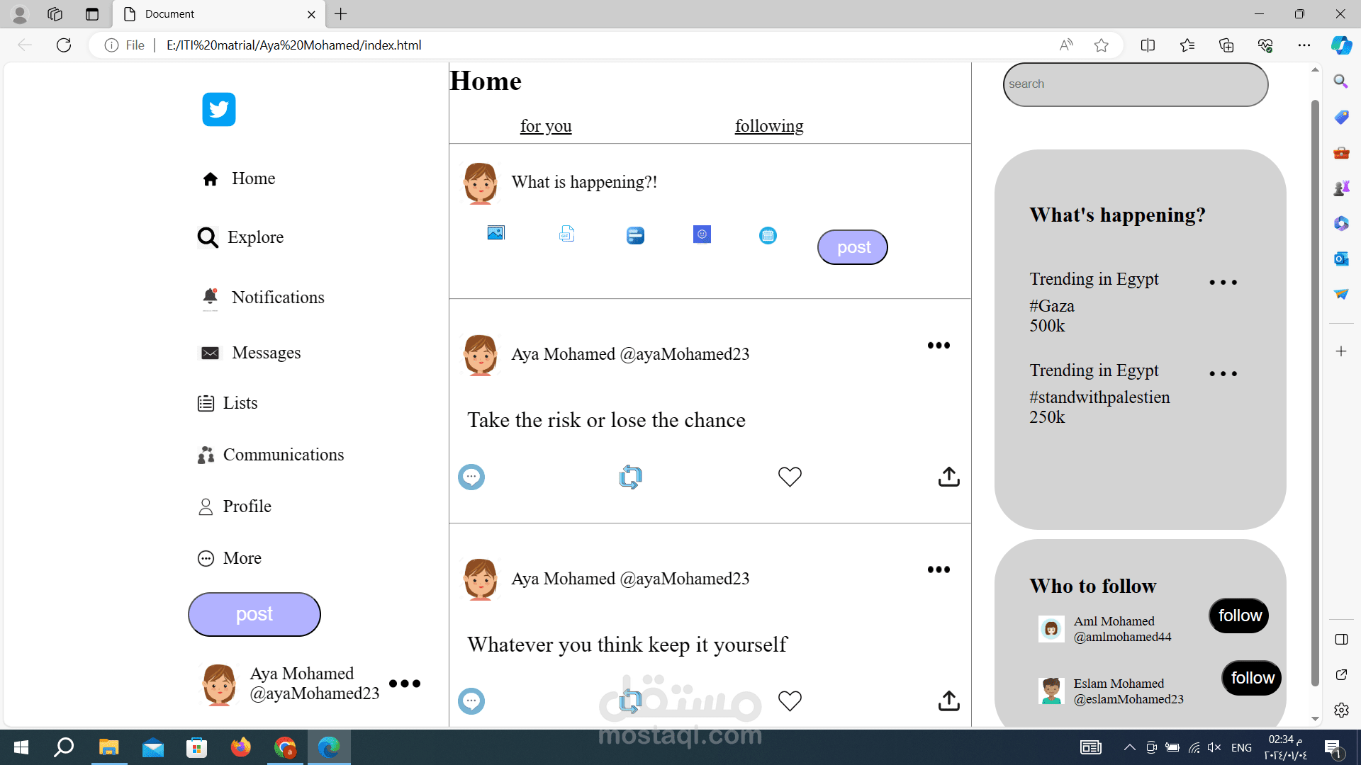 Twitter Home Page using HTML,CSS