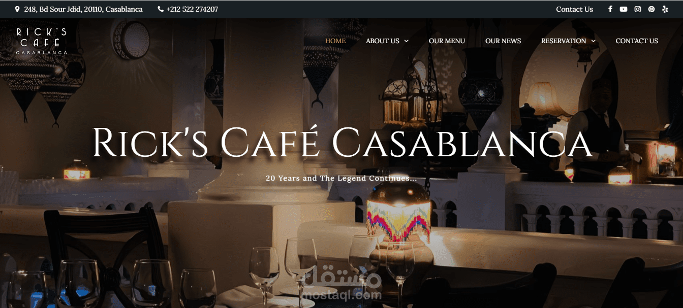 تطوير موقع متكامل وواجهة احترافية لمقهى Rick’s Café – تجربة مستخدم راقية وتصميم كلاسيكي مستوحى من فيلم Casablanca