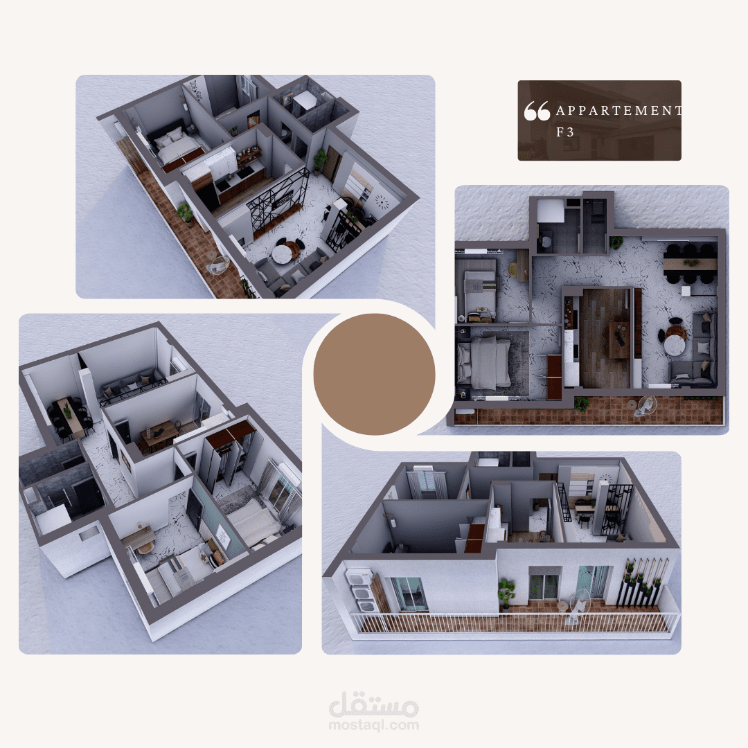 تصميم داخلي متكامل لشقة سكنية باستخدام تقنيات الإظهار ثلاثي الأبعاد 3D