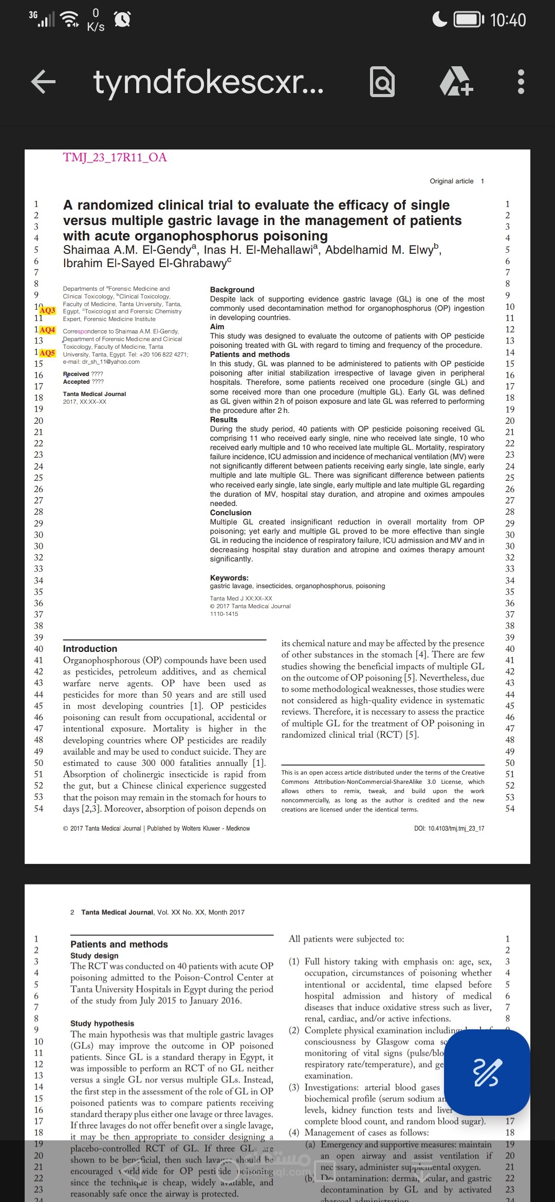 A randomized clinical trial to evaluate the efficacy of single versus multiple gastric lavage in the management of patients with acute organophosphorus poisoning