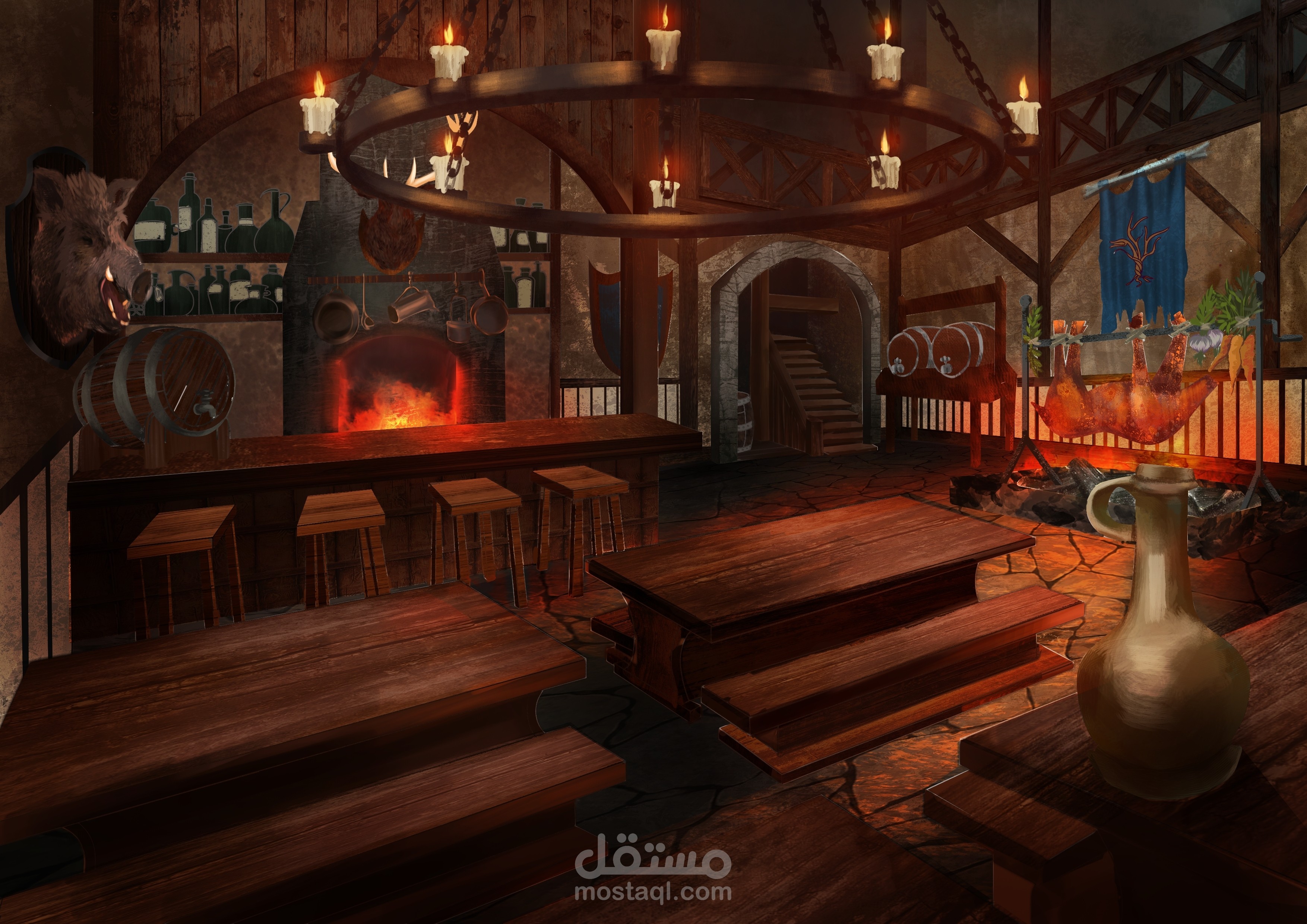 تصميم بيئة حانة (Tavern) من العصور الوسطى – رسم بيئي رقمي (Environment Painting)