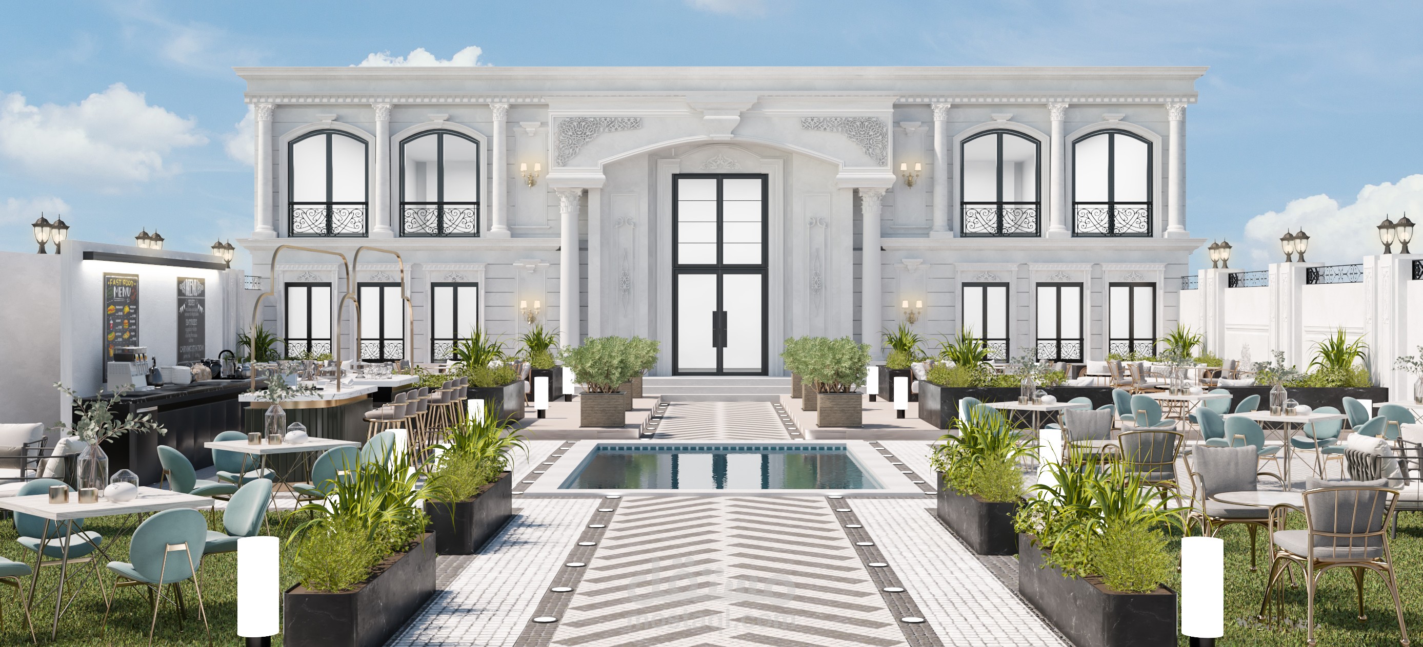 تصميم المنطقة الخارجية لمطعم كلاسيكي