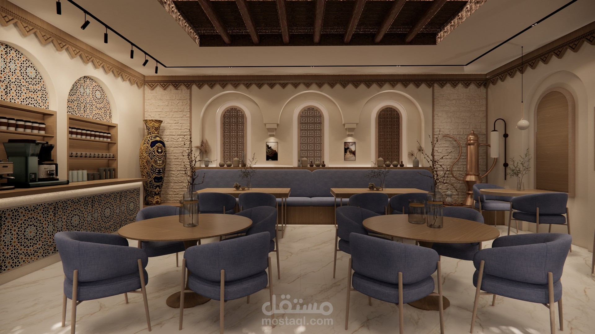 تصميم صالة إطعام تجمع بين الطراز النجدي والحديث والأندلسي