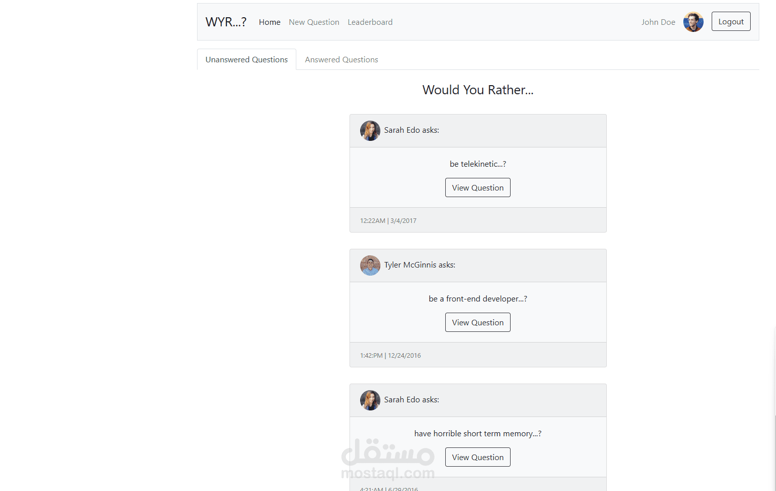 تطبيق ويب تفاعلي يتيح للمستخدمين لعب لعبة “Would You Rather?” عن طريق الإجابة على أسئلة اختيارية، مع إمكانية مشاهدة نتائج تصويت الآخرين والتفاعل داخل التطبيق.