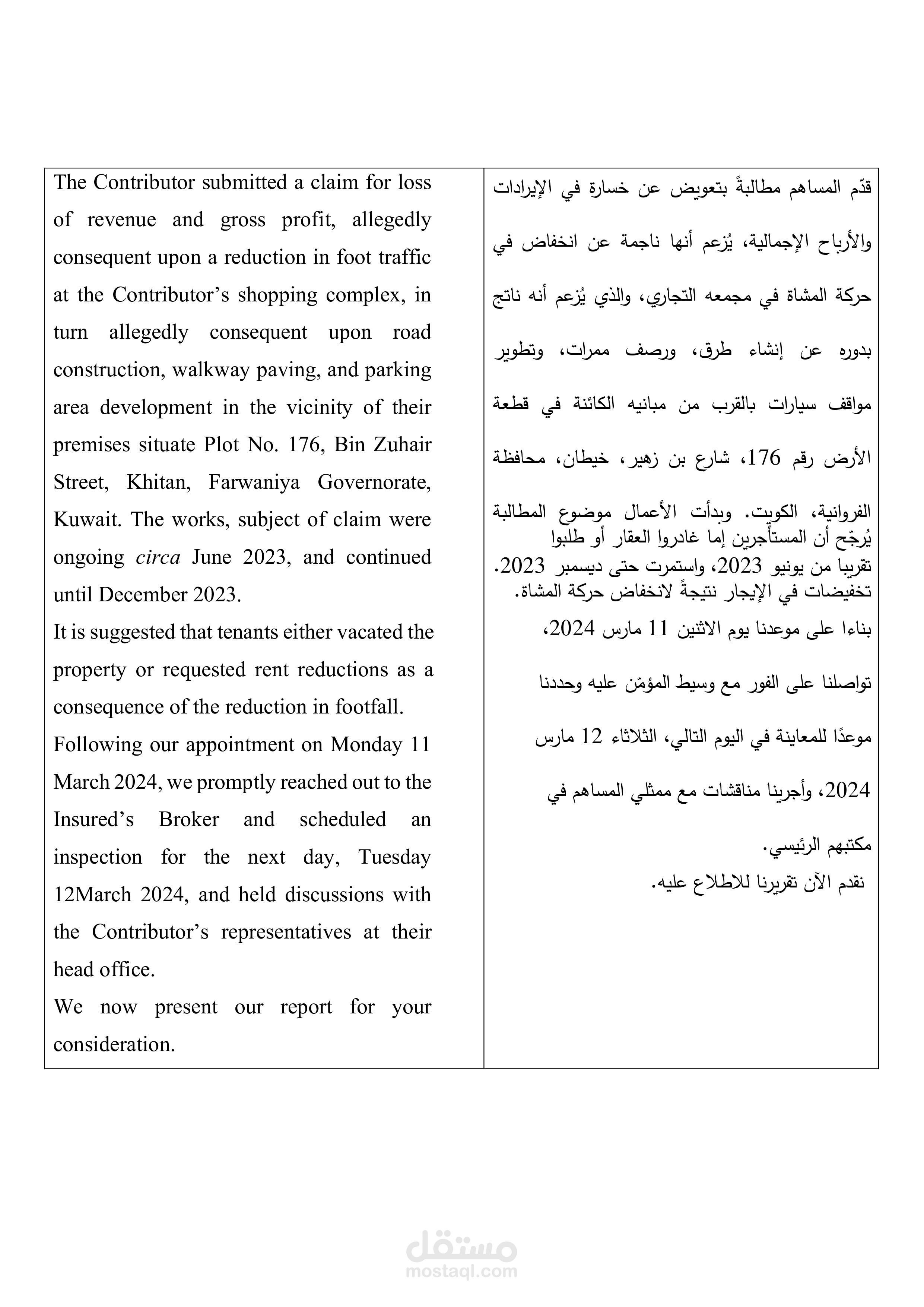 ترجمة تقرير مقيم الخسائر بشركة سيدجويك