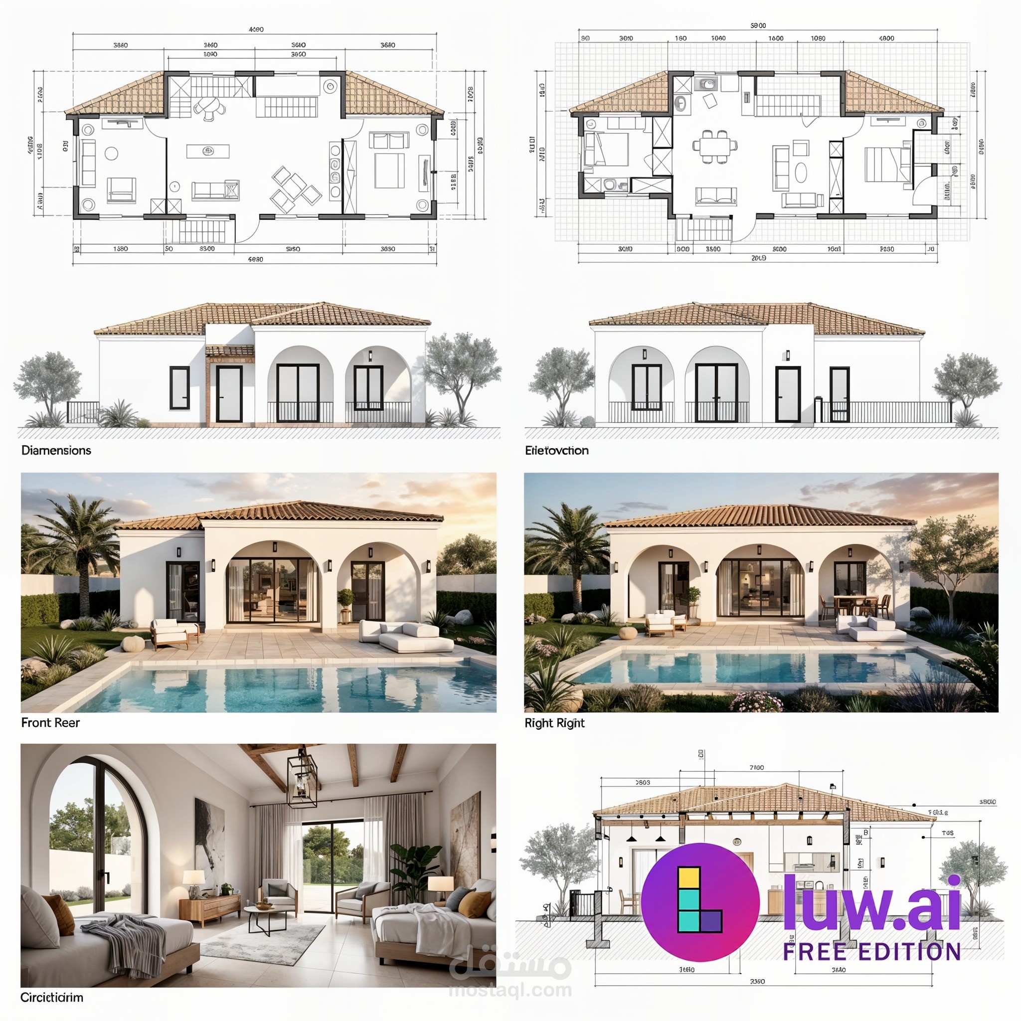 تصميم مخطط معماري + 3D لمنتجع/استراحة عائلية بطراز أندلسي حديث