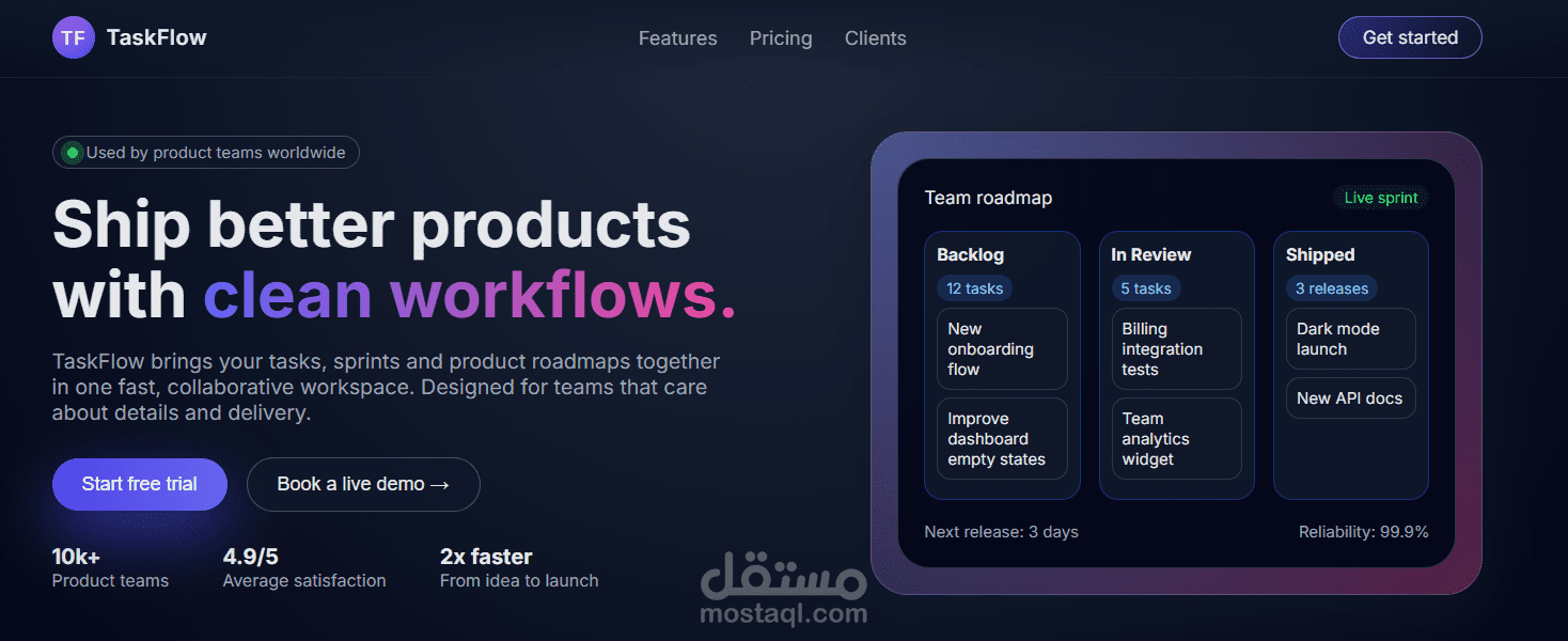 Landing Page SaaS بتصميم عصري تفاعلي (TaskFlow UI)