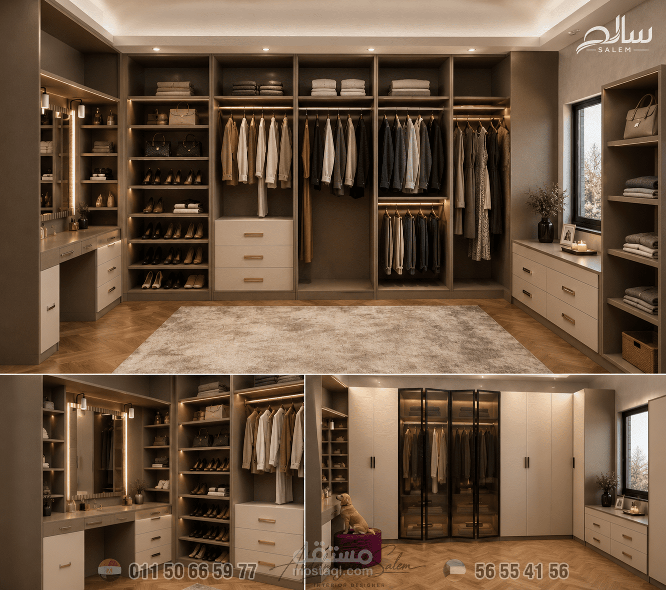 تصميم دريسنج روم مودرن خشب ميلامين بإضاءة مخفية وتنظيم عملي ( الكويت )
