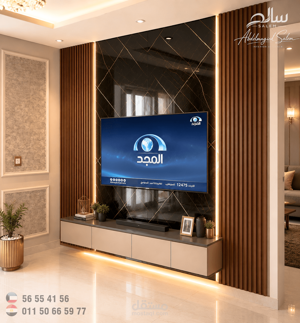 تصميم وتنفيذ وحدة تلفزيون مودرن بكسوة رخامية سوداء وإضاءة مخفية