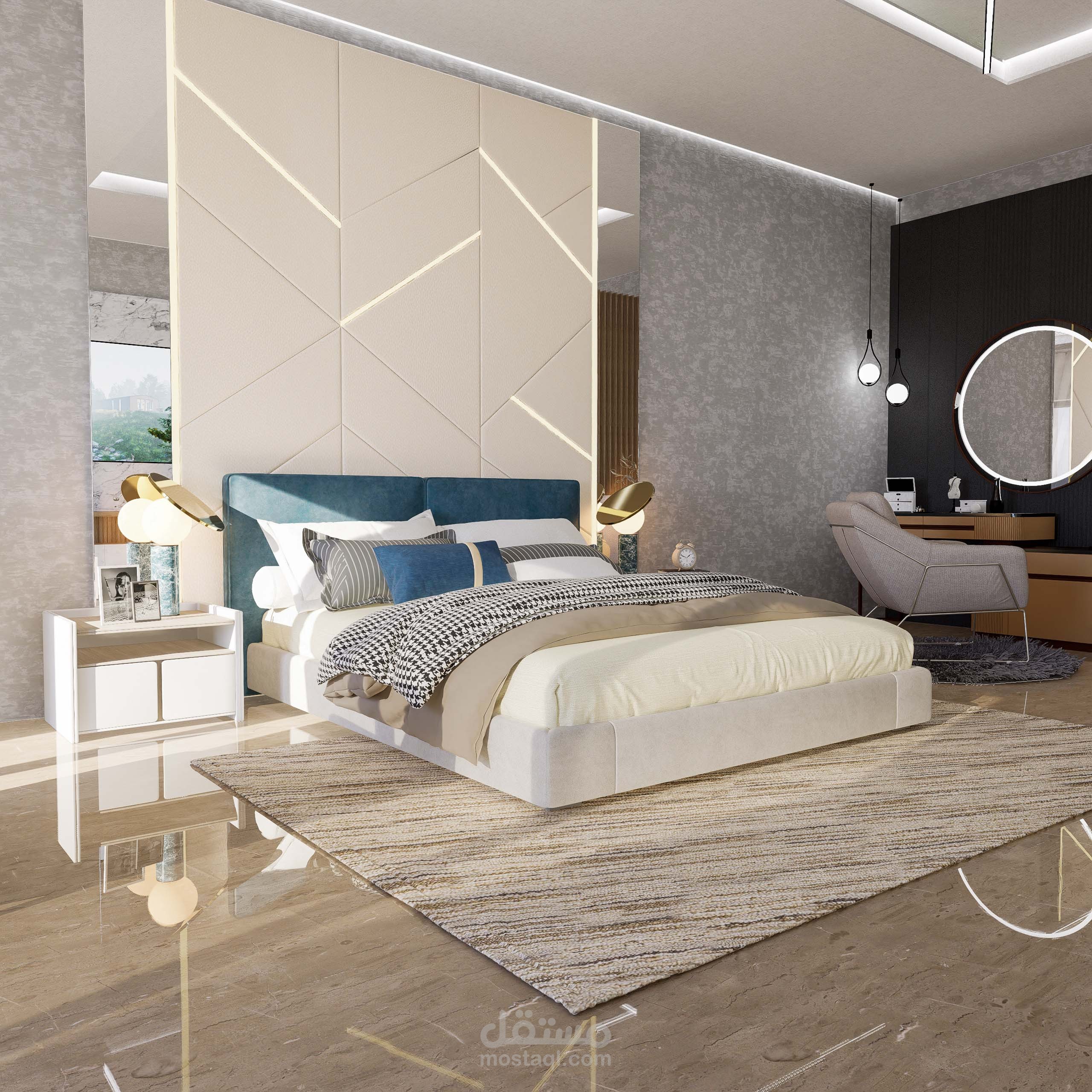 تصميم غرفة نوم يلبي تمامًا متطلبات العميل بأناقة فريدة وترتيب دقيق لتحقيق بيئة مريحة وجميلة.