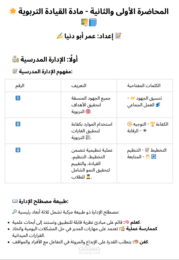 عمل تلخيص لمحاضرة من كتاب يتحدث عن القيادة التربوية والادارة الصفية والمدرسية