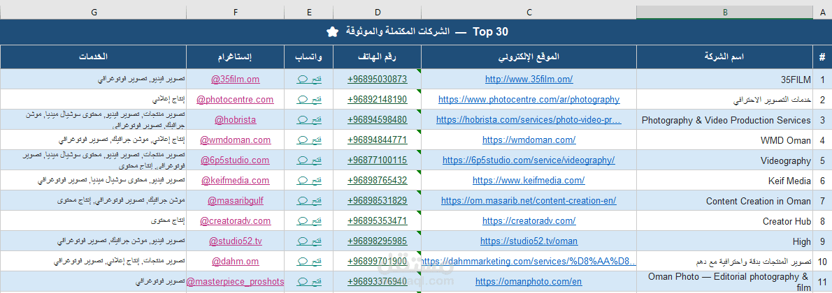 جمع وتدقيق بيانات شركة تصوير  بافيديو وتسويق المنتجات والموشن جرافيك