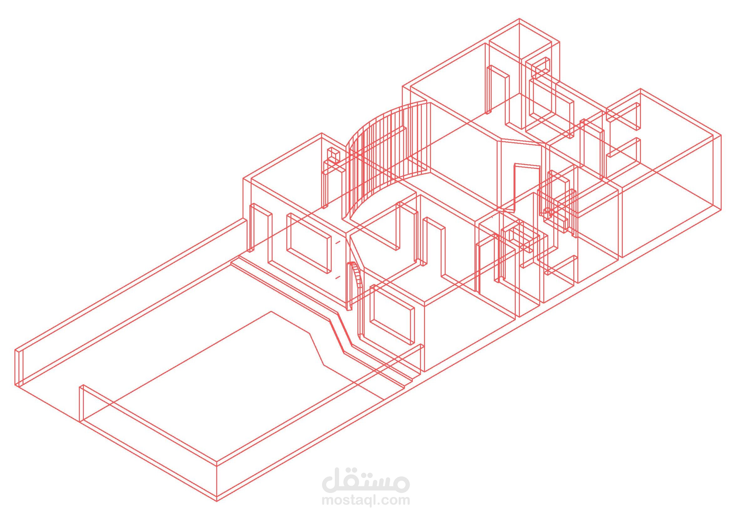 تصميم تخطيطي ثلاثي الابعاد لمنزل يتكون من طابق واحد باستخدام برنامج AutoCAD