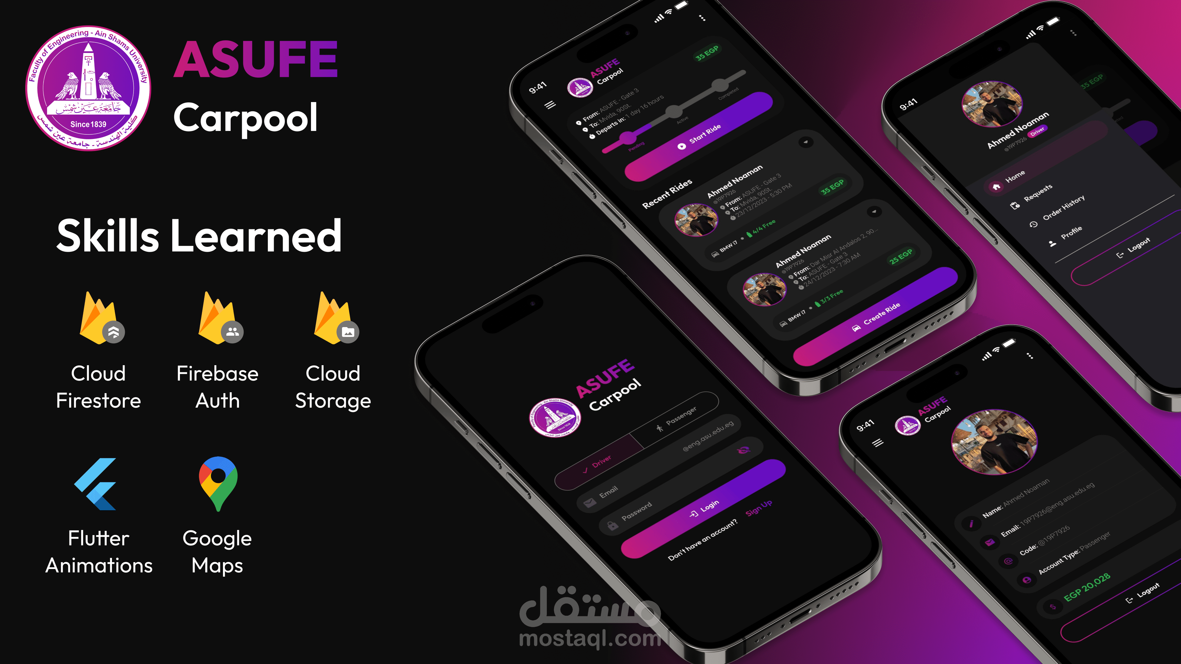 ASUFE Carpool، مشروع صغير عباره عن تطبيق لطلبة عين شمس يتيح للطلبة ان يتشاركوا مشاويرهم من و إلي الكليه