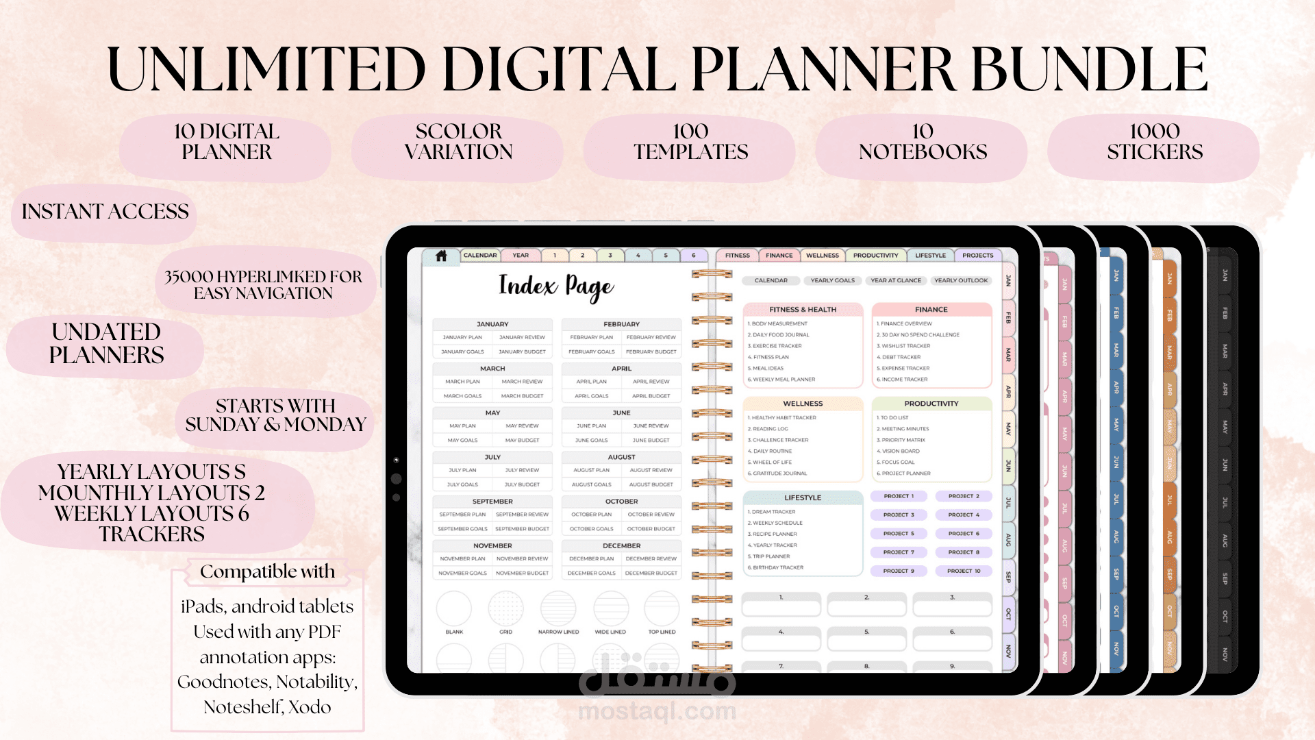 Digital planner مخطط لتنظيم الوقت يحتوي على قوالب جاهزة قابلة للتعديل بالاضافة الى مجموعة من الستيكرات