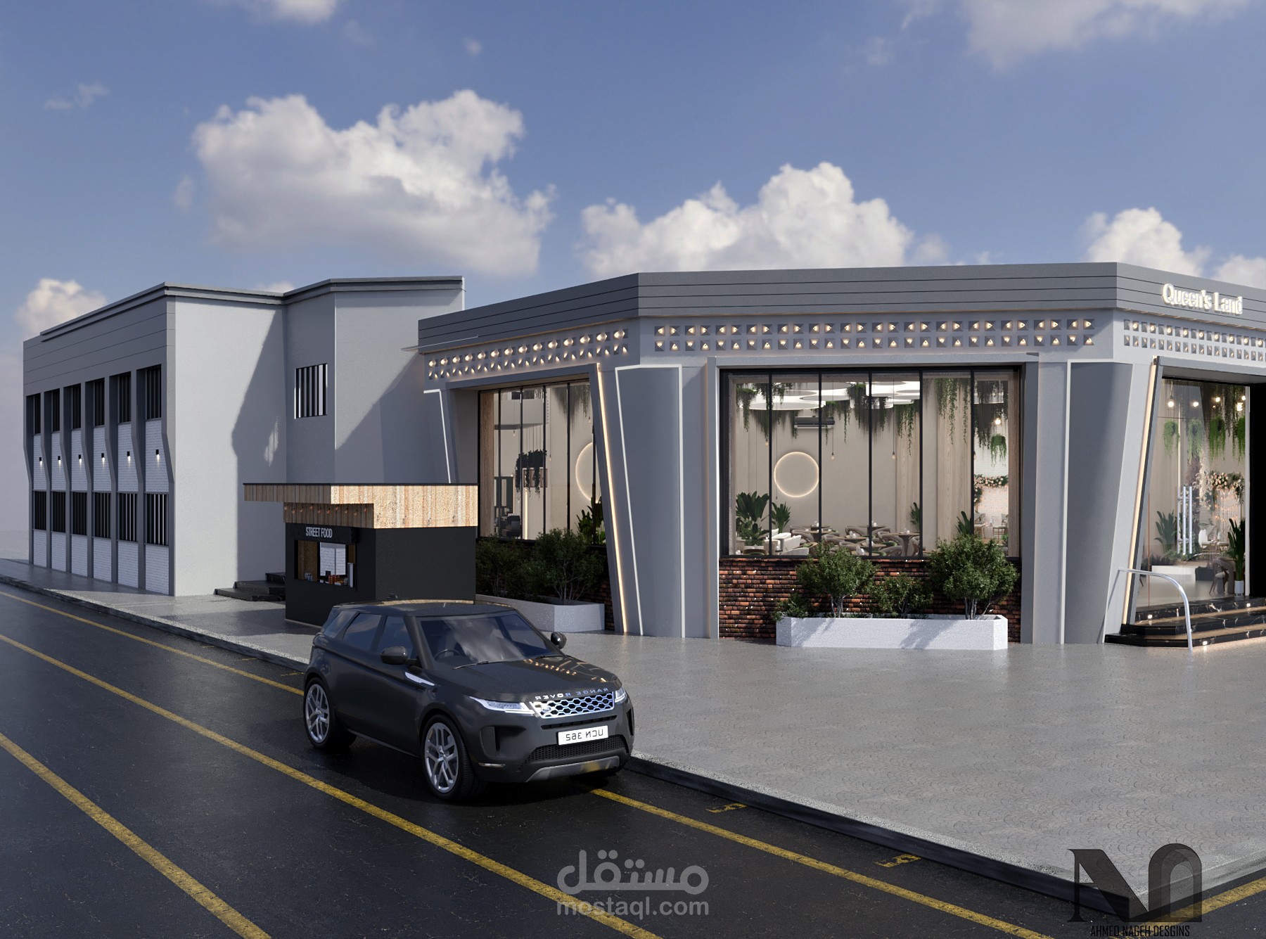تصميم واجهة  كافية وقاعة مناسبات بدمياط الجديدة