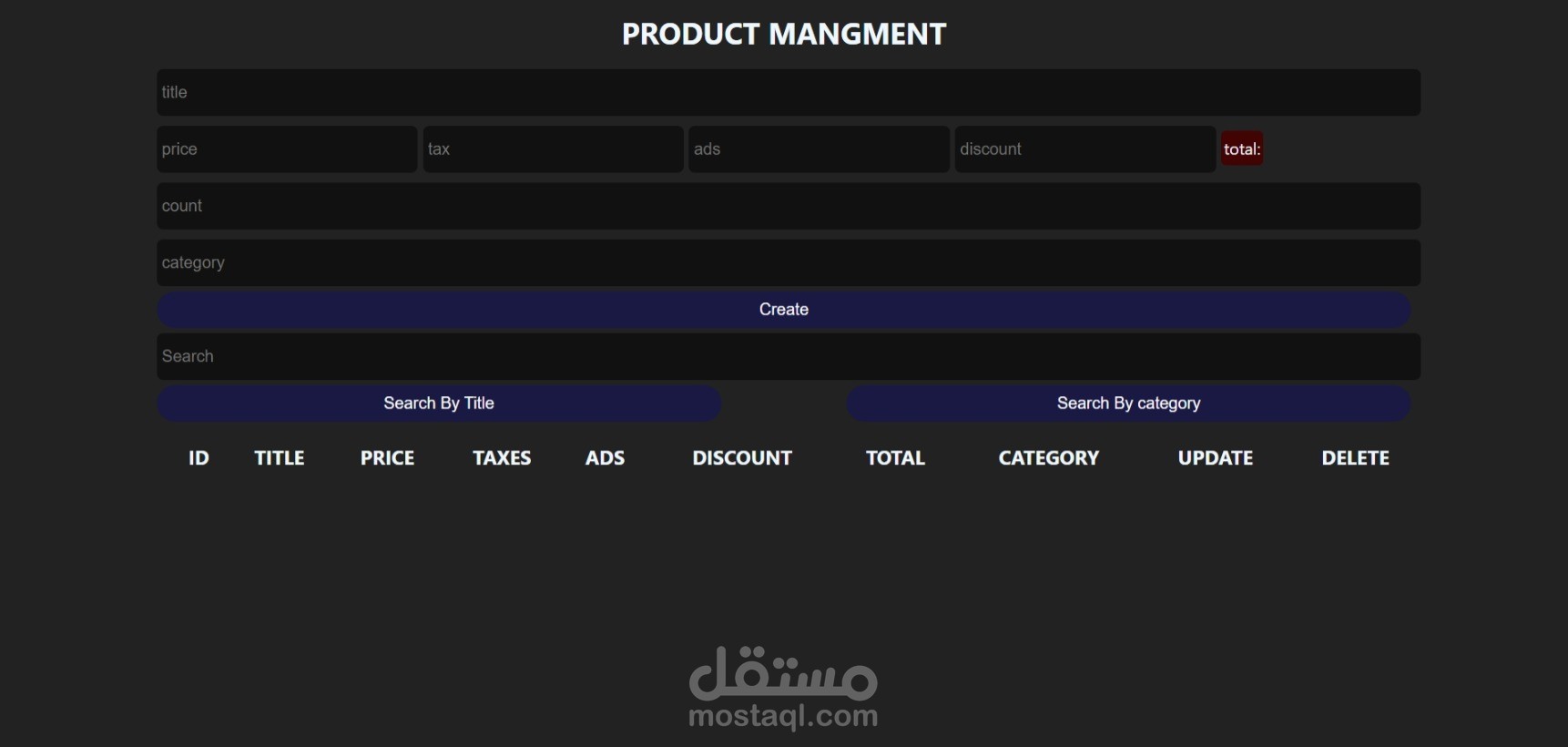 Project Using JavaScript , HTML , CSS for product Mangment