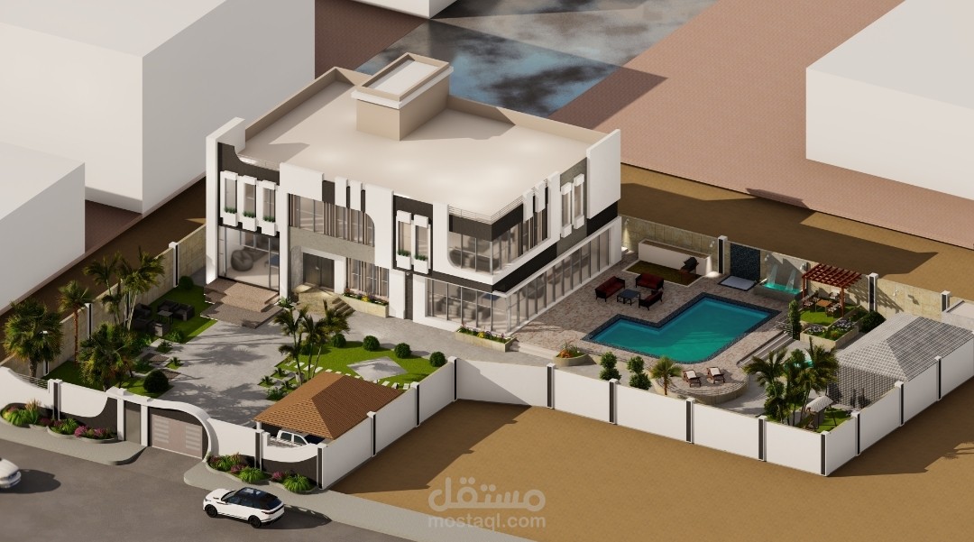 تنسيق حديقة فيلا مع تصميم للواجهة