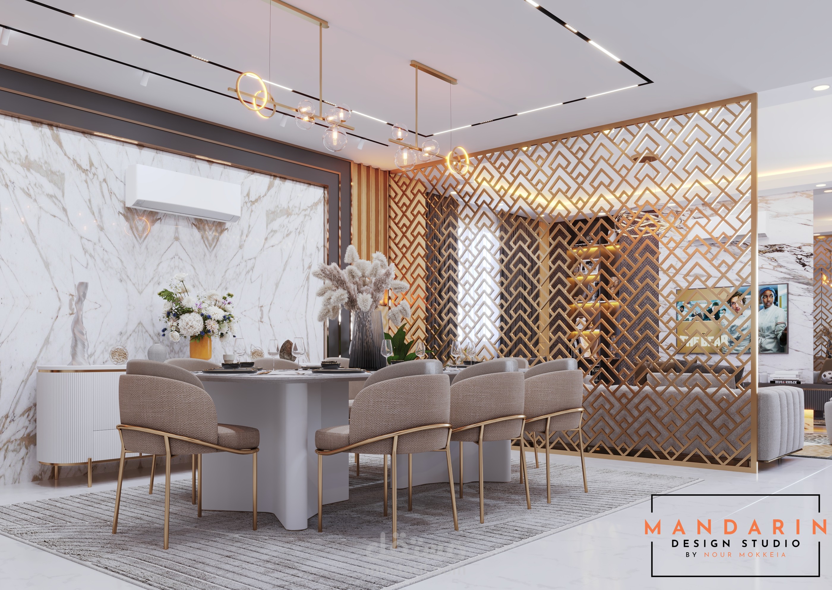 تصميم داخلي لغرفة معيشة و سفرة طعام