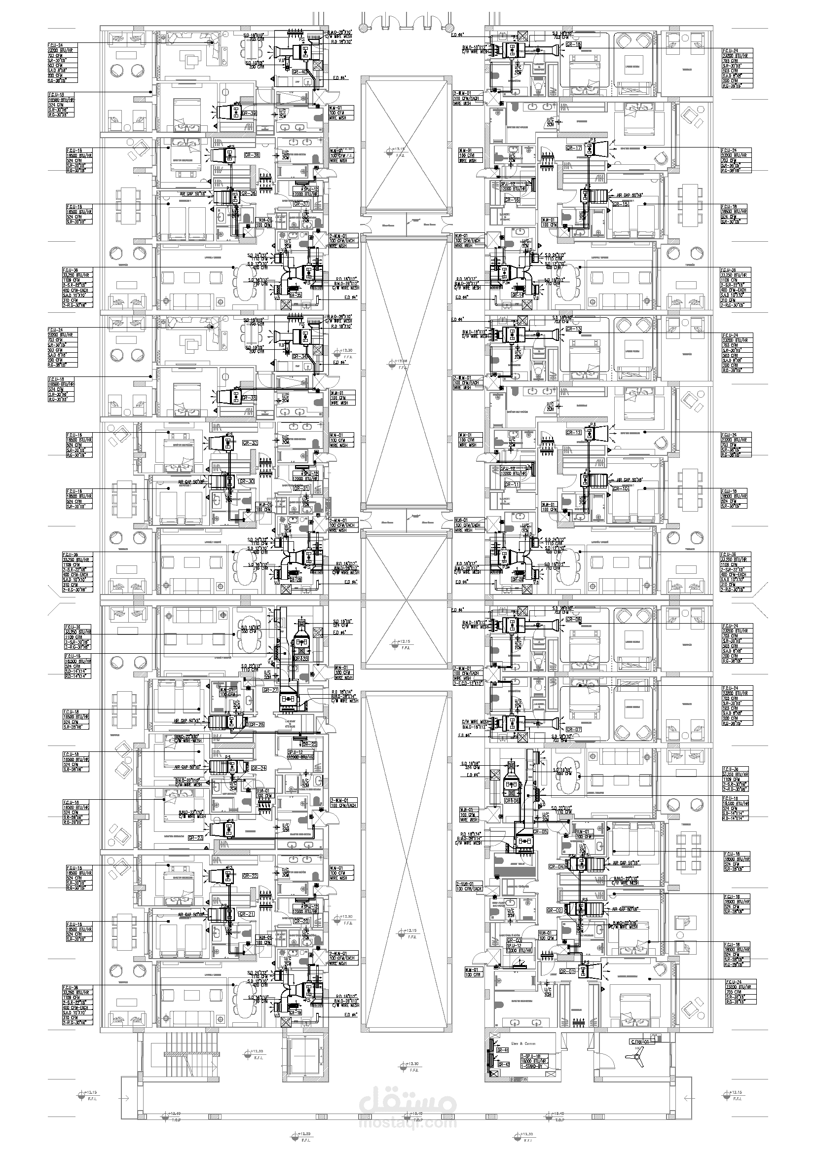 تصميم تكييف مركزي لفندق بنظامDX concealed FCU