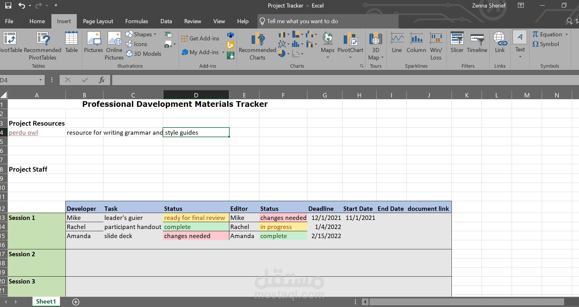 نموذج لتتبع أحد المشاريع باستخدام اكسل
