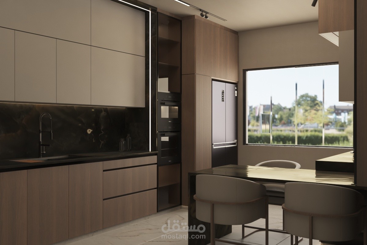 تصميم مطبخ  عصري و عملي يخدم الوظيفة و متطلبات العميل و ما يفرضه علينا الحيز المراد تصميمه