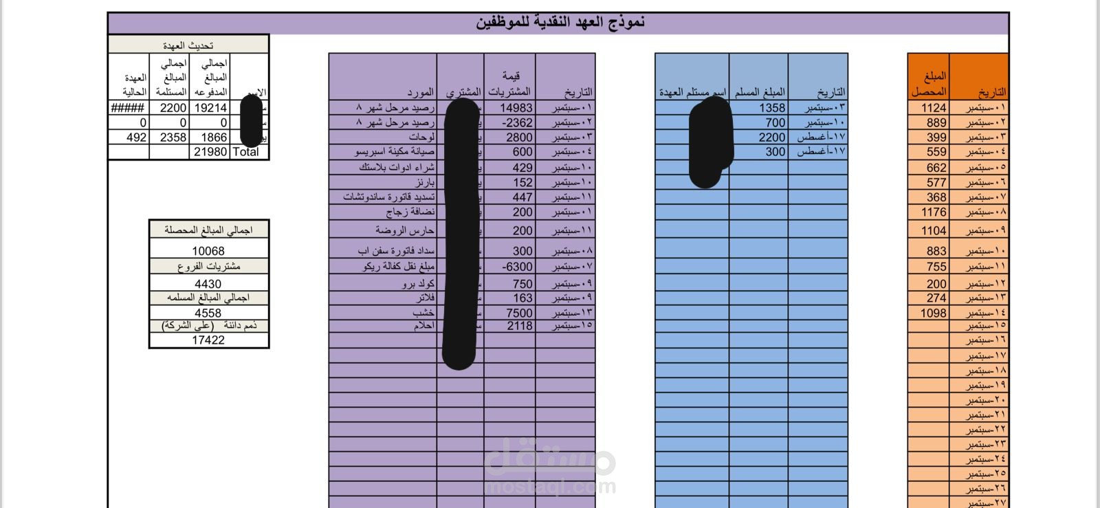 ملف اكسيل لمتابعة العهد النقدية وحركة الكاش