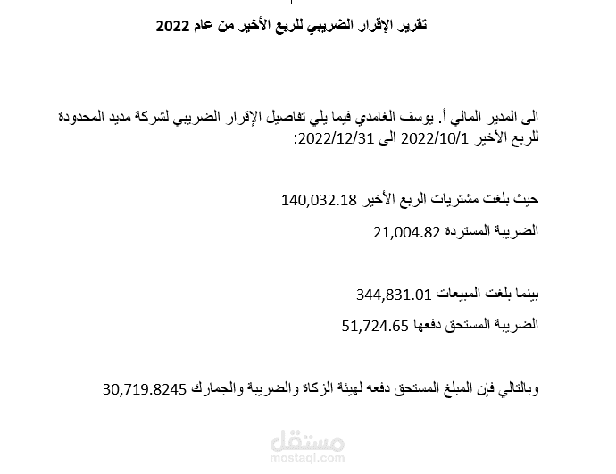 تقرير الاقرار الضريبي الذي تم رفعه للادارة التي كنت اعمل بها