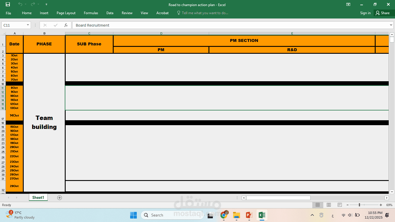 Creating an Excel Sheet for Annual Road to Action Plan for a Student Organization