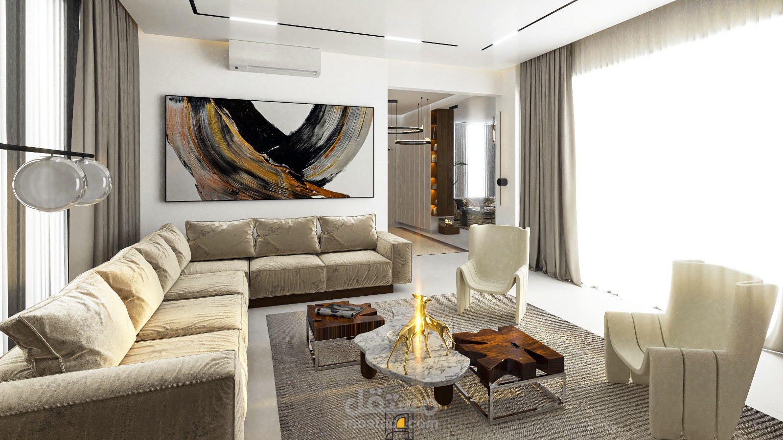 تصميم صالة معيشة عائلية معاصرة بإطلالة على الحديقة الداخلية  "صالة معيشة عصرية تنبض بالهدوء والطبيعة"