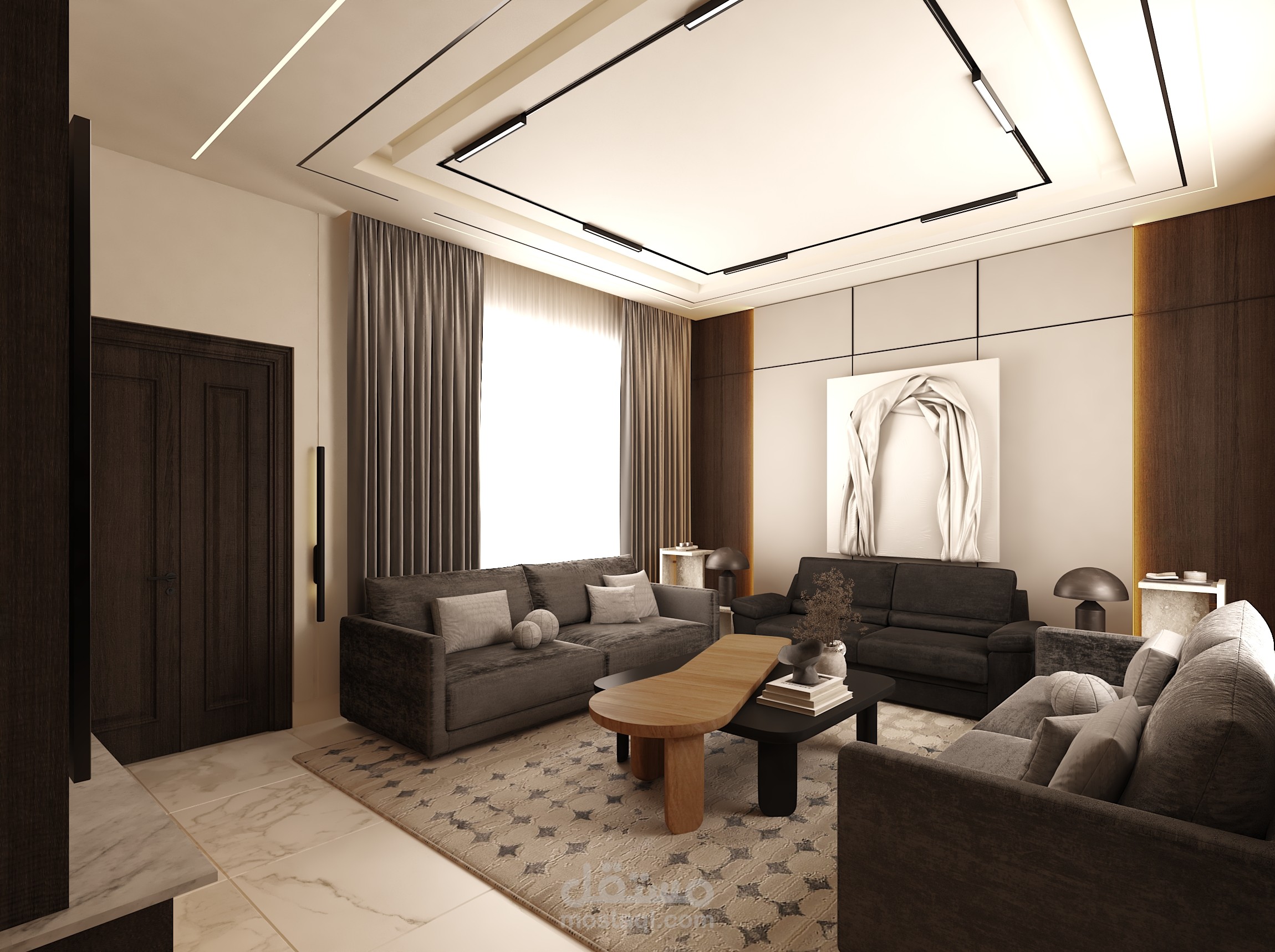 تصميم غرفة جلوس عائلية فاخرة  | ألوان دافئة وأناقة مودرن لاكشري( سلطنة عمان/ مسقط)