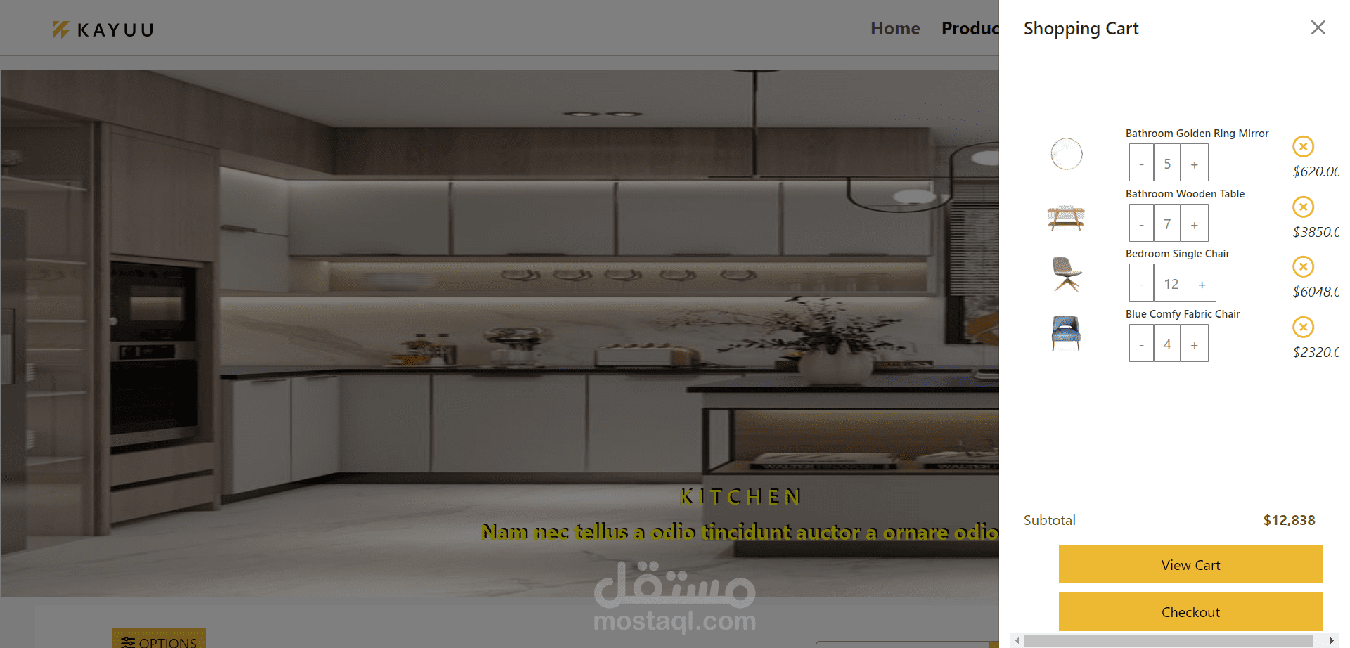 موقع الكتروني لتجاره الاثاث تعرض هذه الصفحه ال cart الخاصه بك والمنتجات التي قمت بطلبها وصفحه ال products وصفحه ال checkout