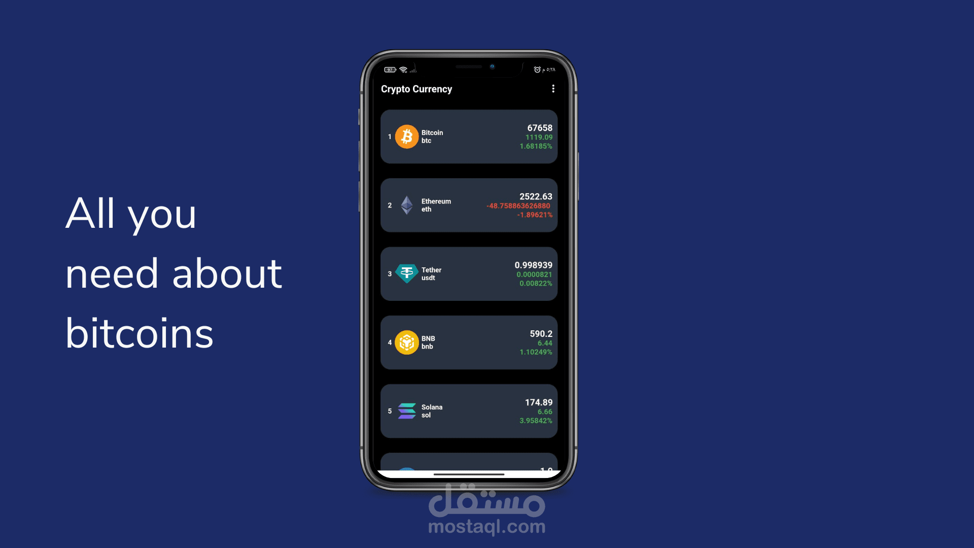 تطبيق موبايل تتبع البيتكوين باستخدام فلاتر