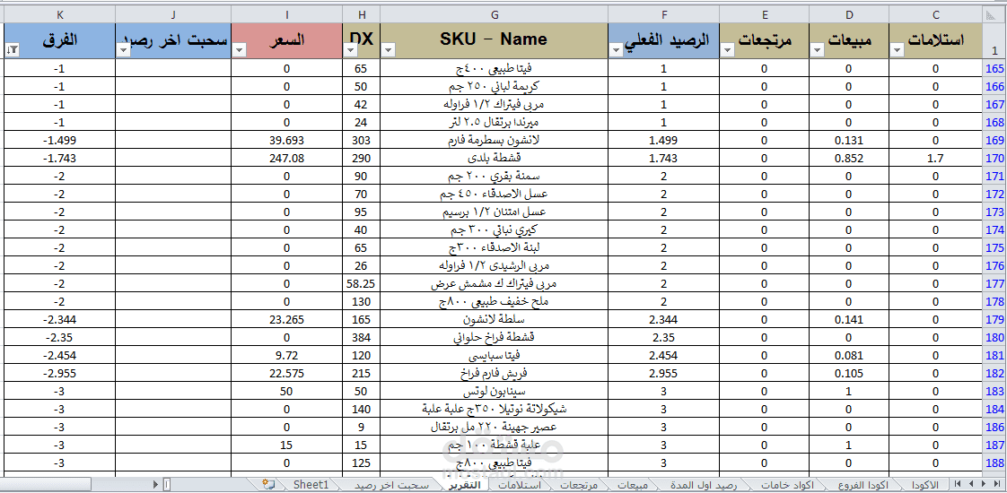 انشاء شيت اكسيل وادخال بيانات المخزون وحساب الفروقات