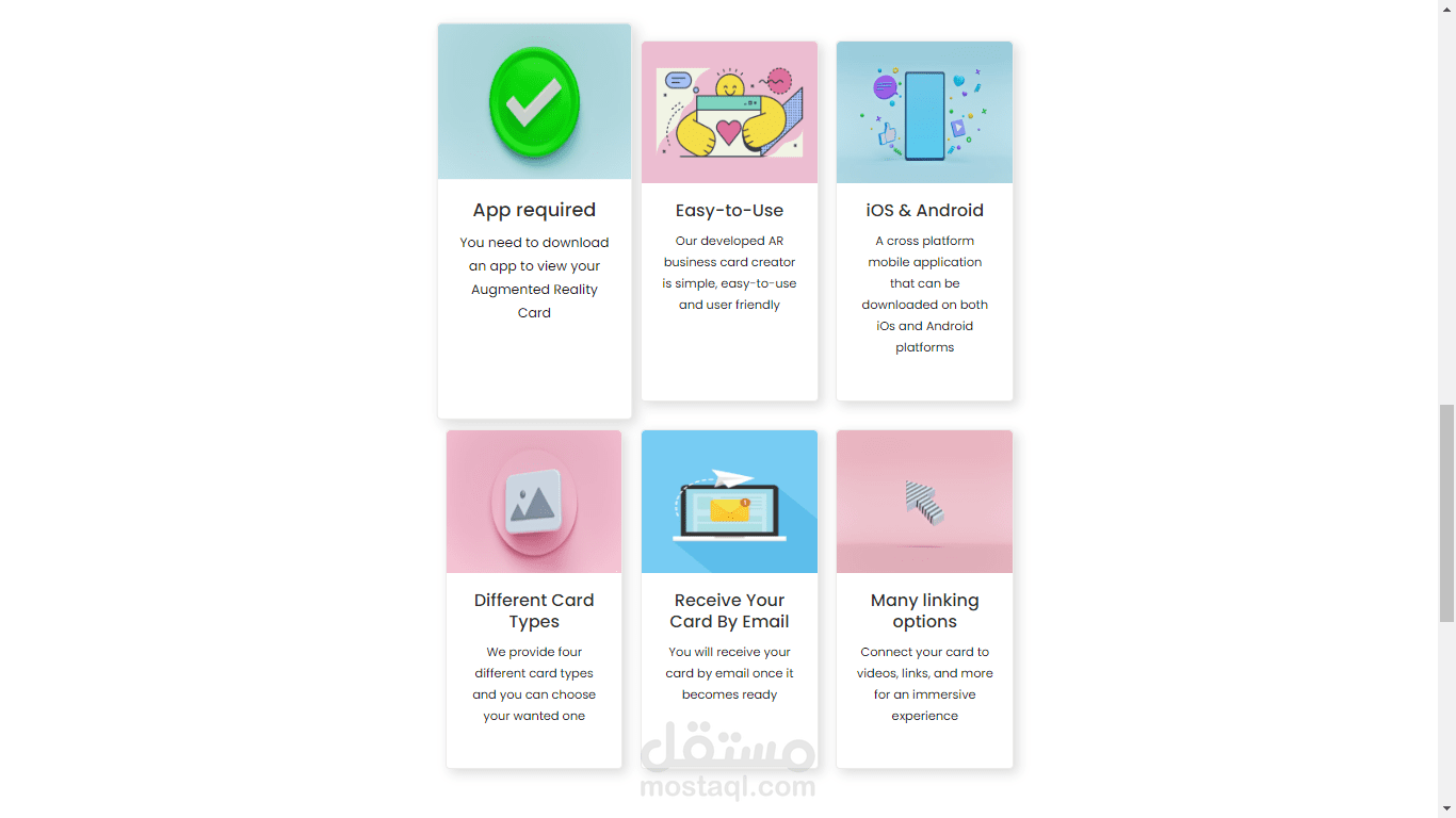 تم إنشاء واجهة مستخدم مرتبة وجذابة لعرض معلومات البطاقة بشكل شخصي ومهم. الصفحة متجاوبة مع مختلف الأجهزة وتوفر صورة، وروابط للتواصل الاجتماعي، وقسم يوفر نبذة عن الشخص أو الشركة.