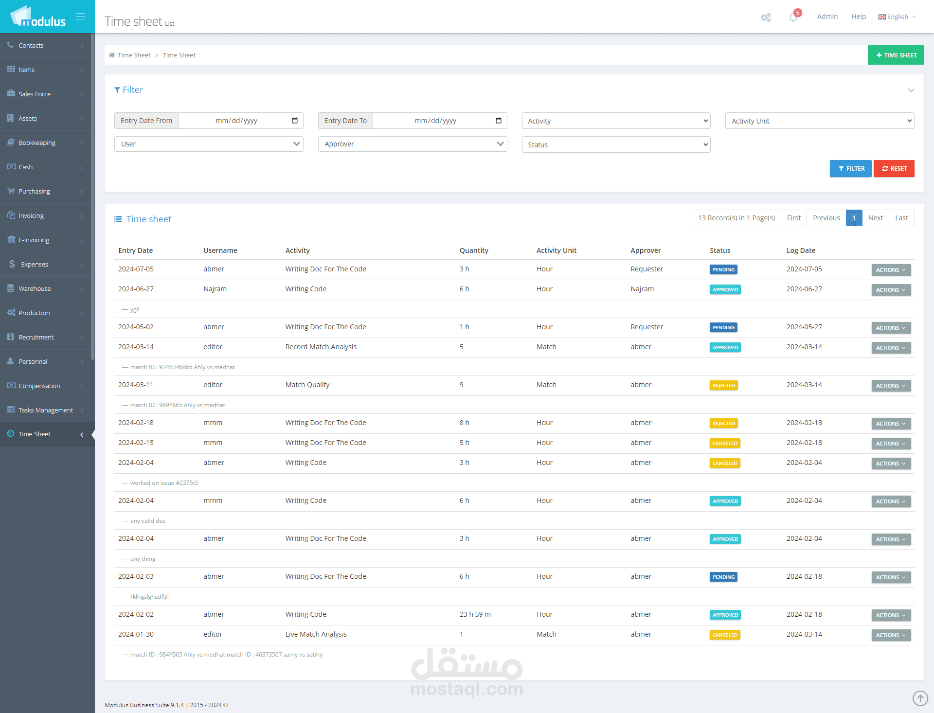 Time Sheet Module in Modulus