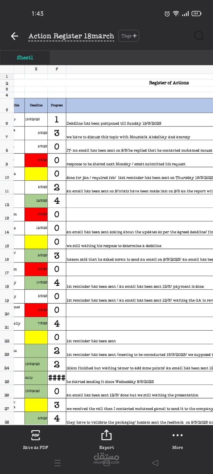 action register sheet