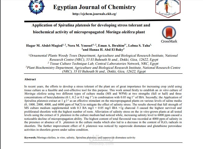 Application of Spirulina platensis for developing stress tolerant and biochemical activity of micropropagated Moringa oleifera plant